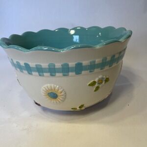 TEMPTATIONS Gingham Garden Mixing Serving Bowl Aqua Blue 2 QT